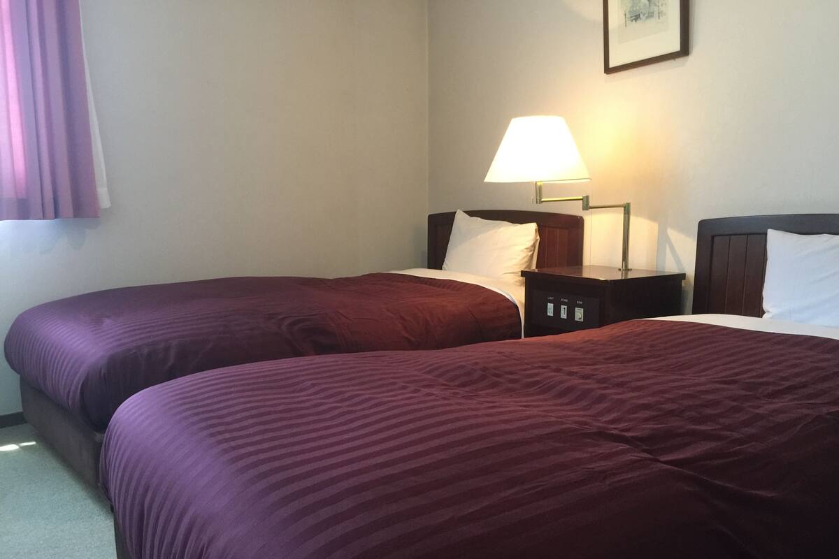 A hotel room with two beds, each with a dark-colored bedspread, a bedside table with a lamp, and a wall-mounted picture frame.