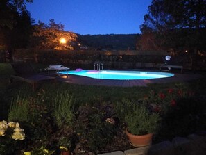 Ein Schwimmbecken mit Holzterrasse, umgeben von Topfpflanzen und einer Steinmauer.