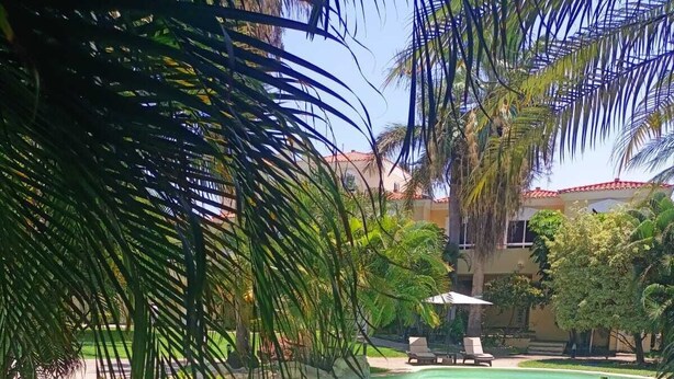 A clear swimming pool surrounded by palm trees and a building with a red roof. - Condo P Iguana (Mazatlán)