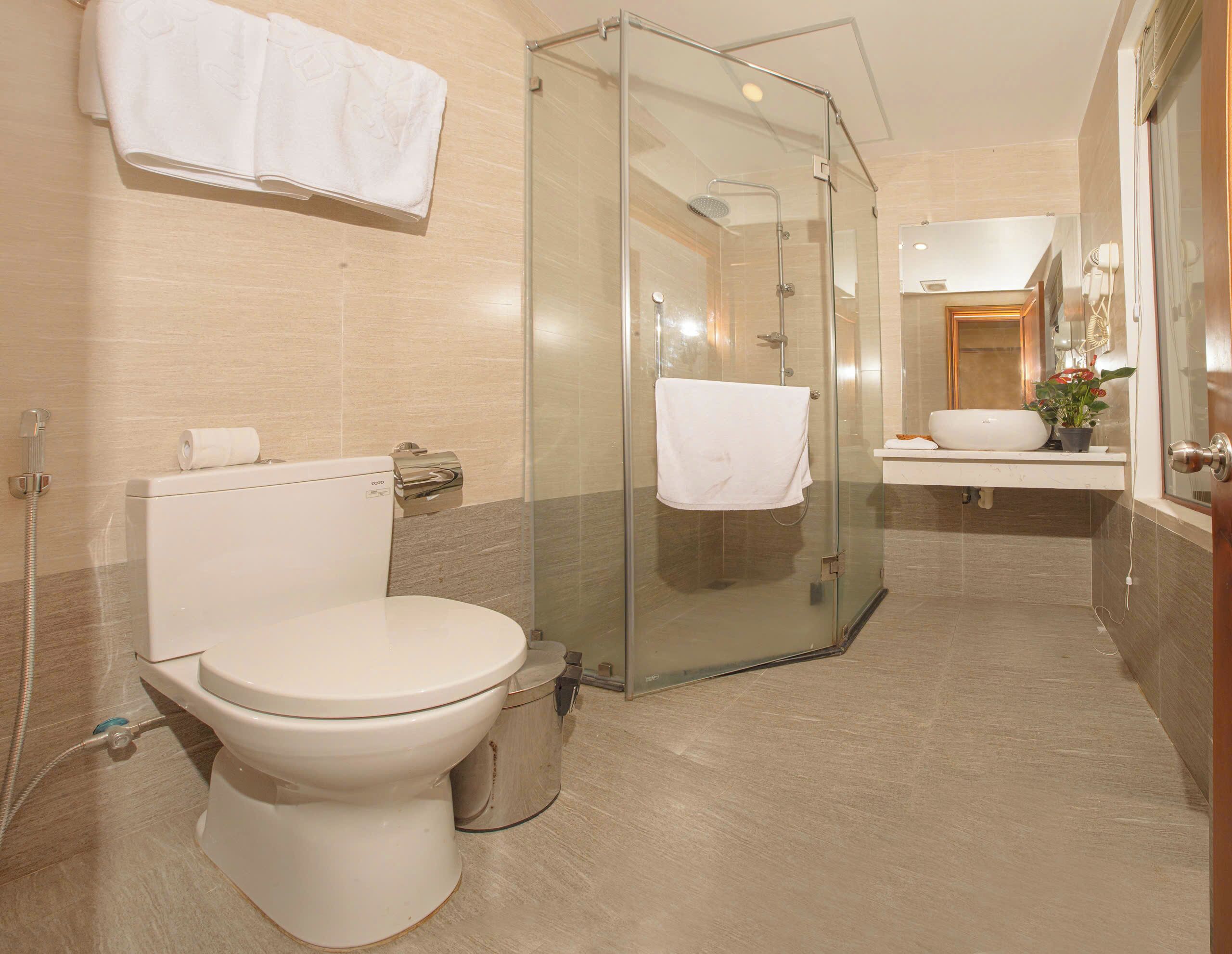 A modern bathroom with a glass-enclosed shower, a toilet, and a sink with a mirror above it.
