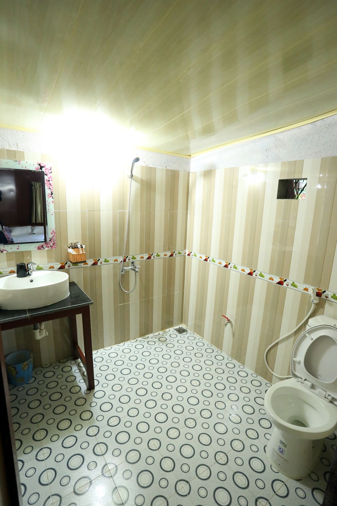 Een badkamer met een betegelde muur met strepen, een wastafel met spiegel, een douche en een toilet.