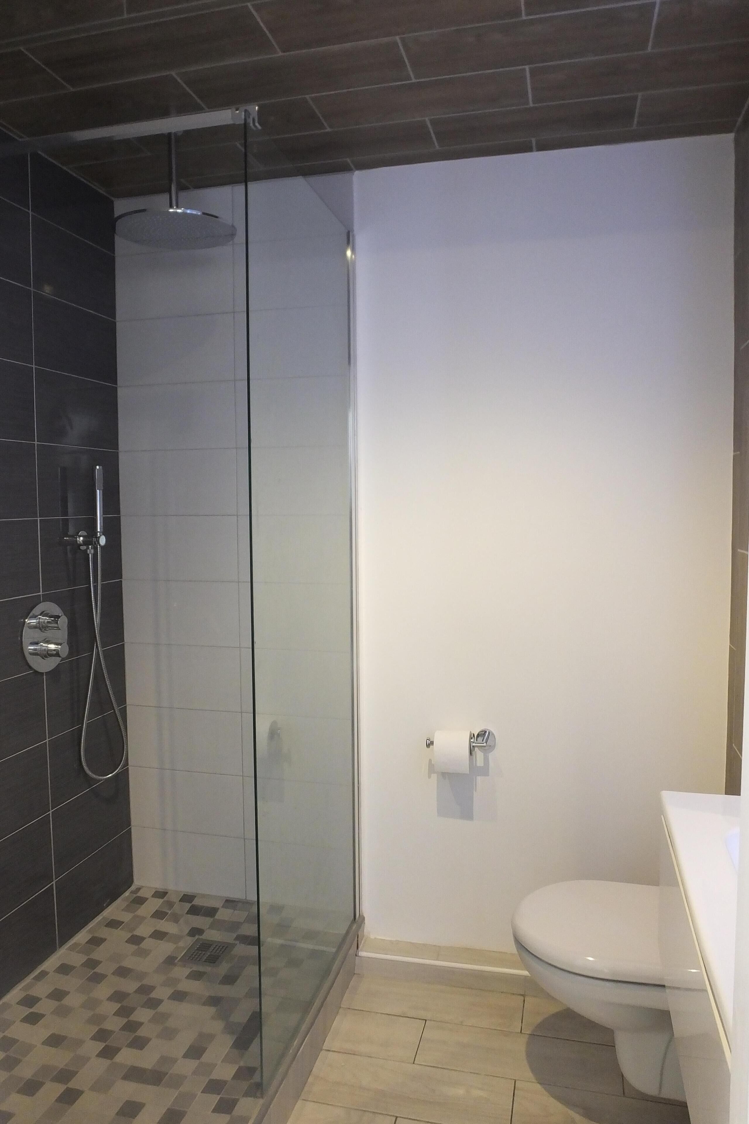 Moderni kylpyhuone, jossa on lasiseinällä varustettu suihku, wc ja pesuallas.