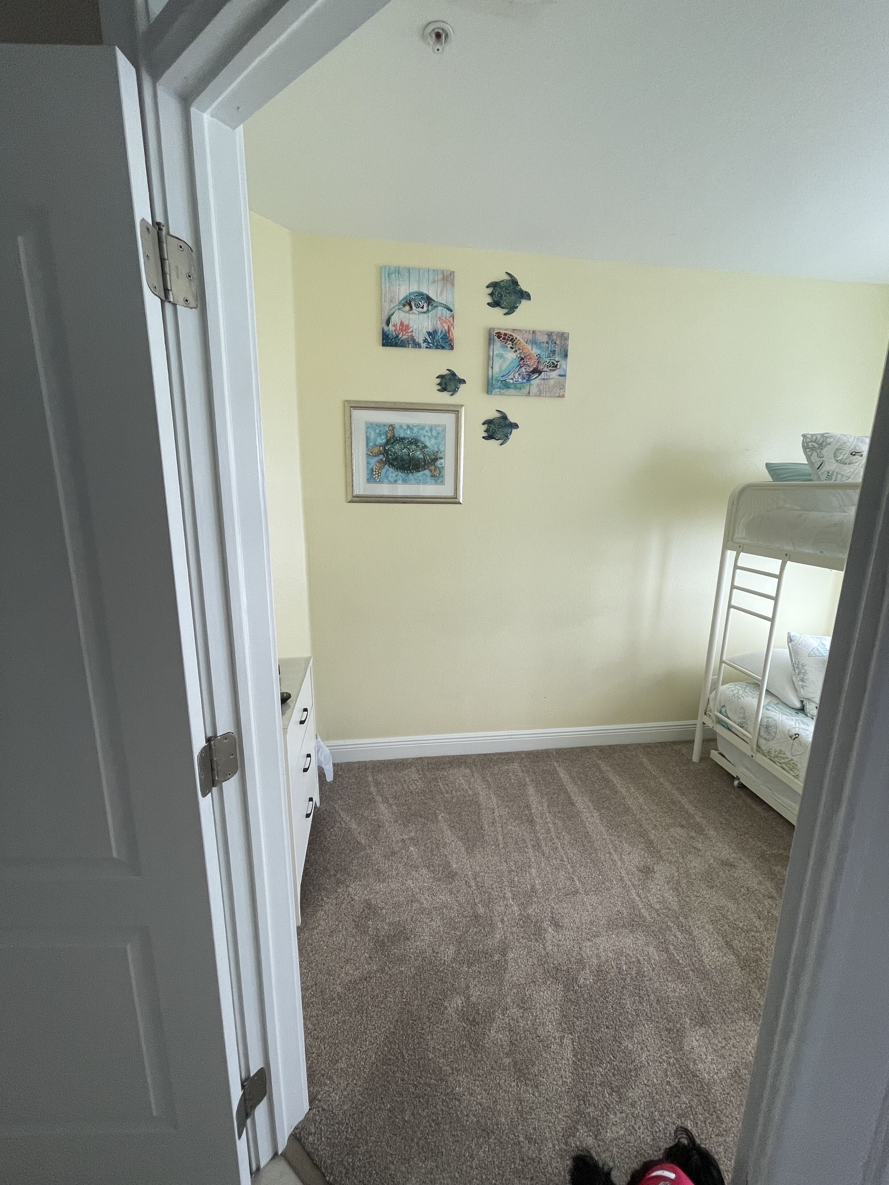 A room with a beige carpet, a white door, and a bunk bed with a white frame.