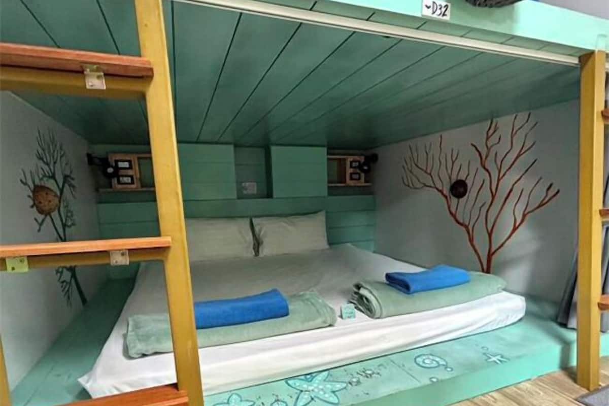Een stapelbed met een ladder, een klein plankje en een decoratie aan de muur.