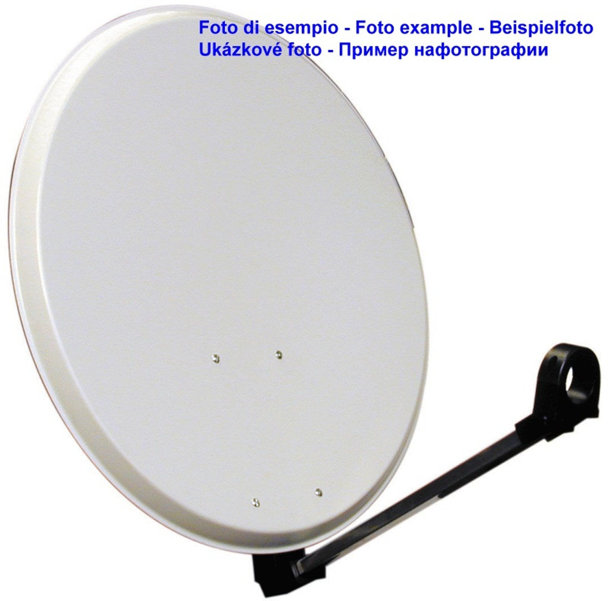 A satellite dish with a black mounting arm.