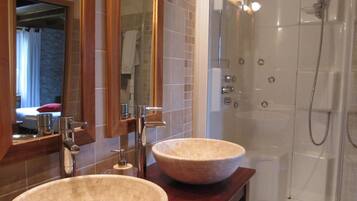 Shower, hydromassage showerhead, hair dryer, bathrobes