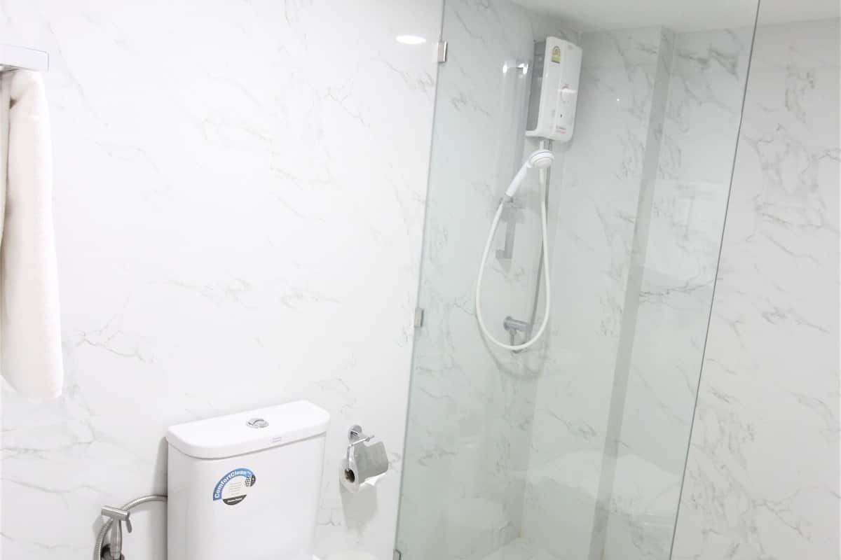 shower, hydromassage showerhead, free toiletries, hair dryer