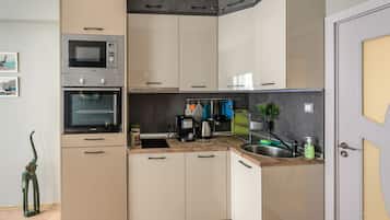 Apartamento City, vistas al jardín | Cocina privada | Frigorífico grande, microondas, horno y placa de cocina