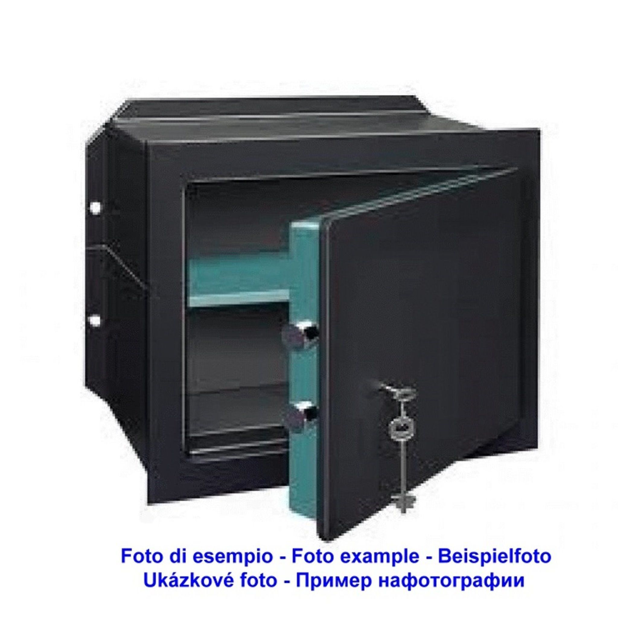 A black safe with a teal handle and a keyhole.