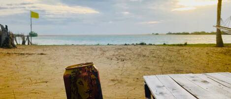 A beach scene with a can of Lion Lager on a wooden table.
