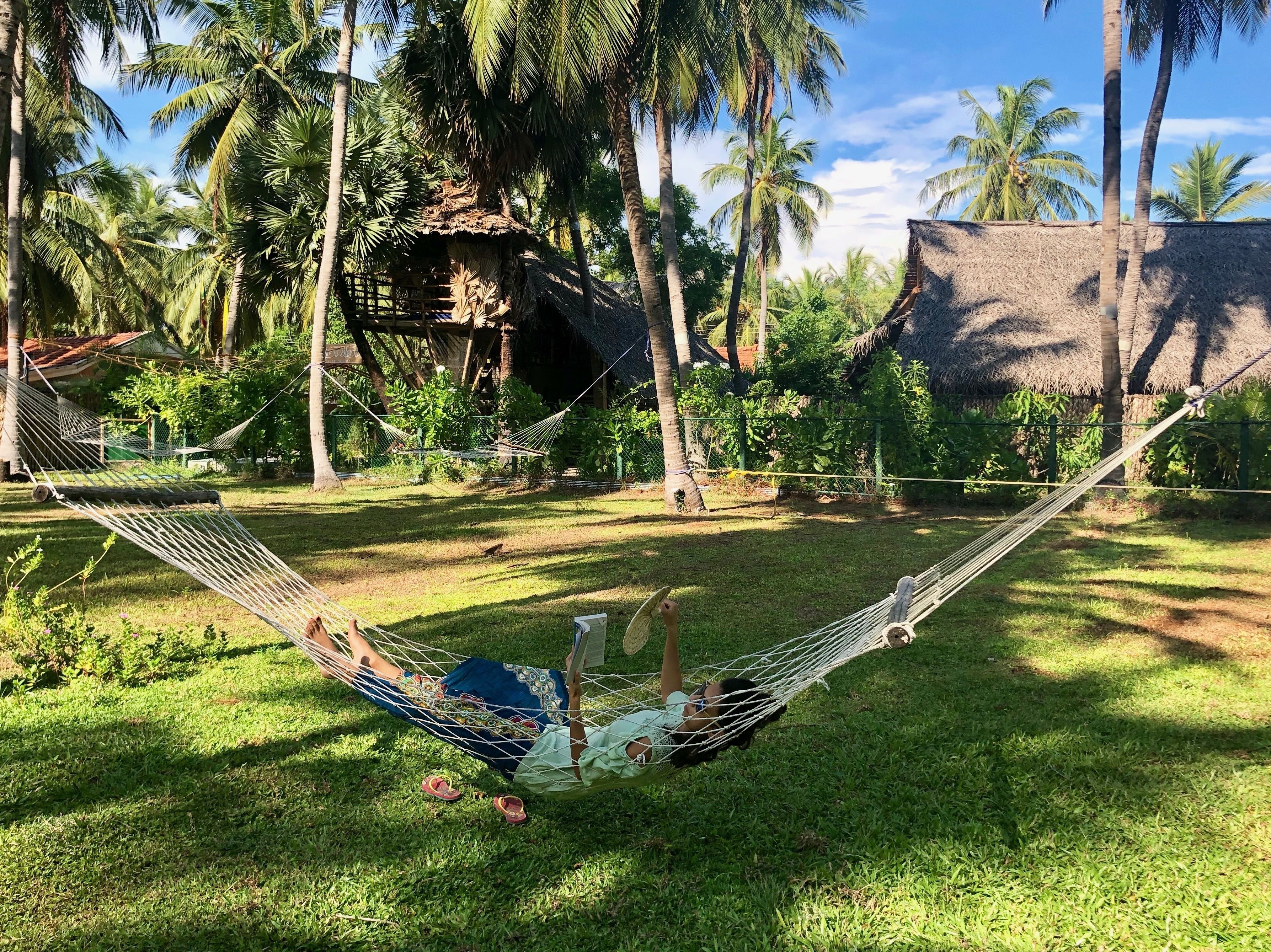 A hammock in a grassy area with palm trees and a thatched-roof structure in the background.
