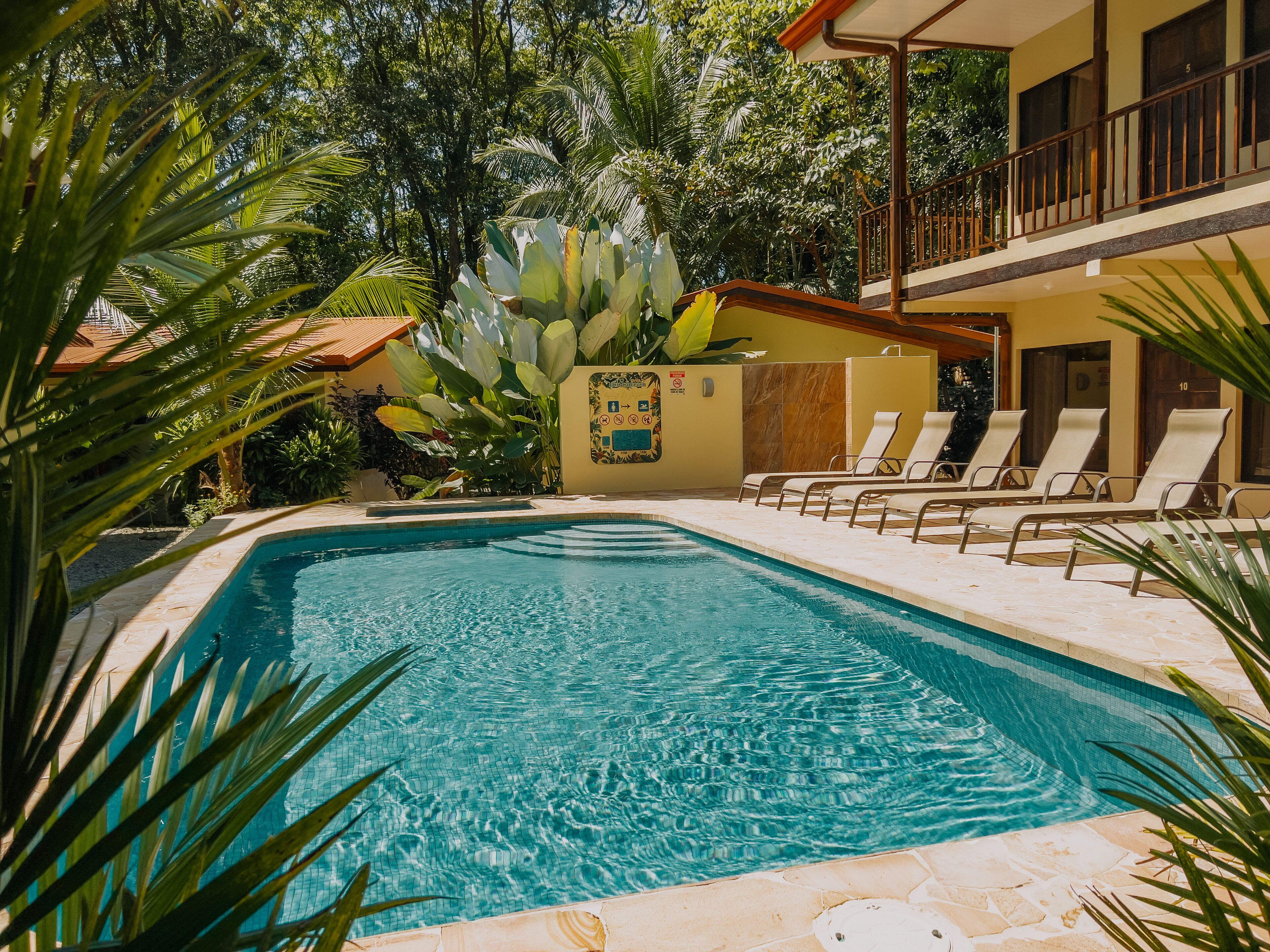 Ein Swimmingpool mit Liegestühlen, umgeben von tropischer Vegetation und einem Gebäude mit Balkon.