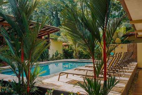 Una piscina al aire libre, sillones reclinables de piscina