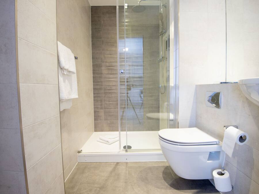 A modern bathroom with a glass-enclosed shower, a toilet, and a sink.