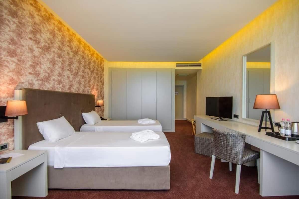Habitación de hotel con dos camas, un escritorio, una silla, un televisor y un espejo.