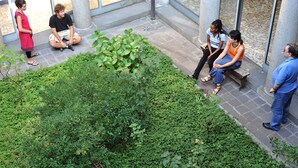 Un patio con zona de estar, vegetación y suelo de piedra.