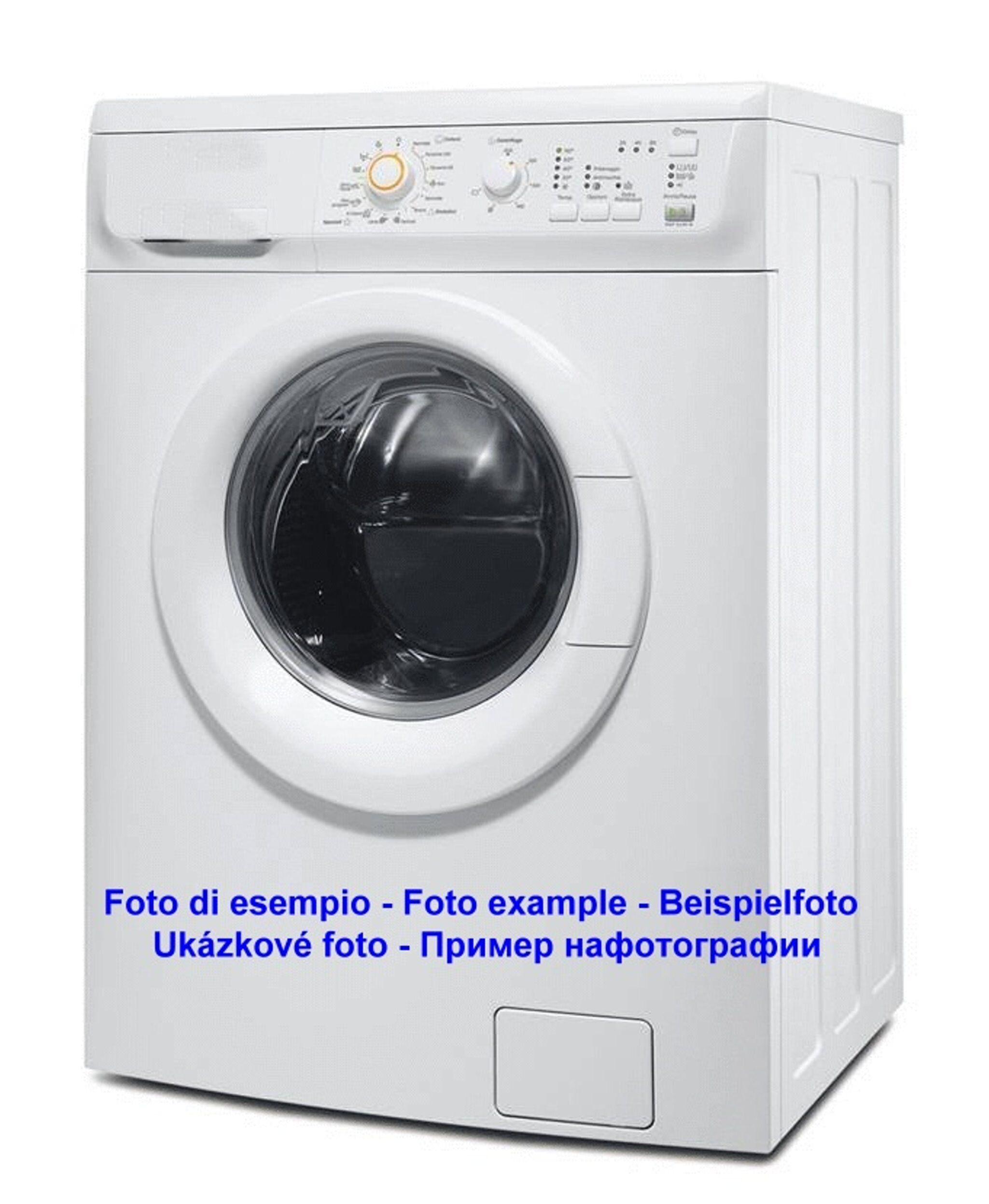 Een voorperspectief van een witte wasmachine met voorlader, een bedieningspaneel en een transparante deur.
