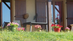 Un espace extérieur abrité, doté d’une table et de chaises, entouré de plantes en pot et d’un champ d’herbe.