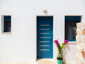 A white building with a blue door, a small window, and a potted plant with pink flowers. - Zidanos Luxurious Villa (Lefkada)