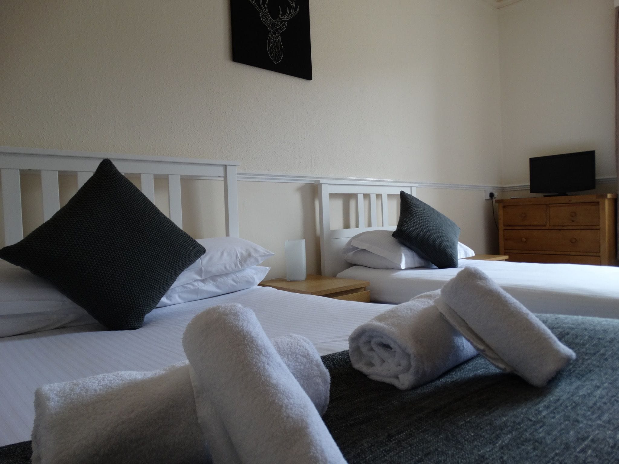A hotel room with two beds, white bedding, black and white pillows, a wooden dresser, and a television on top.