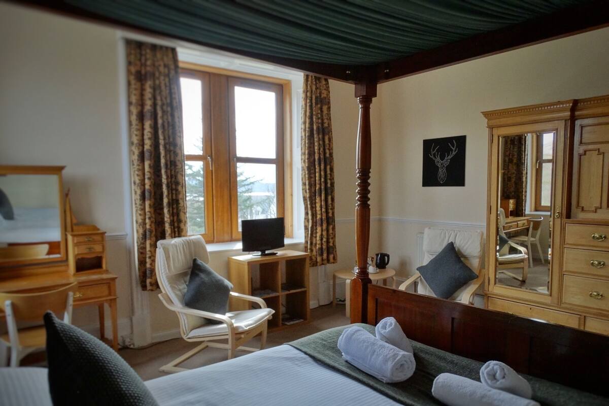 A hotel room with a bed, a desk, a chair, a television, a dresser, and a large mirror.