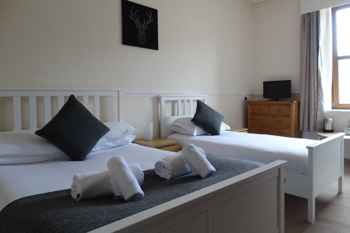 A hotel room with two beds, a TV, a dresser, and a painting on the wall.