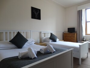 A hotel room with two beds, a TV, a dresser, and a painting on the wall. - Kilchoan House Hotel (Acharacle)