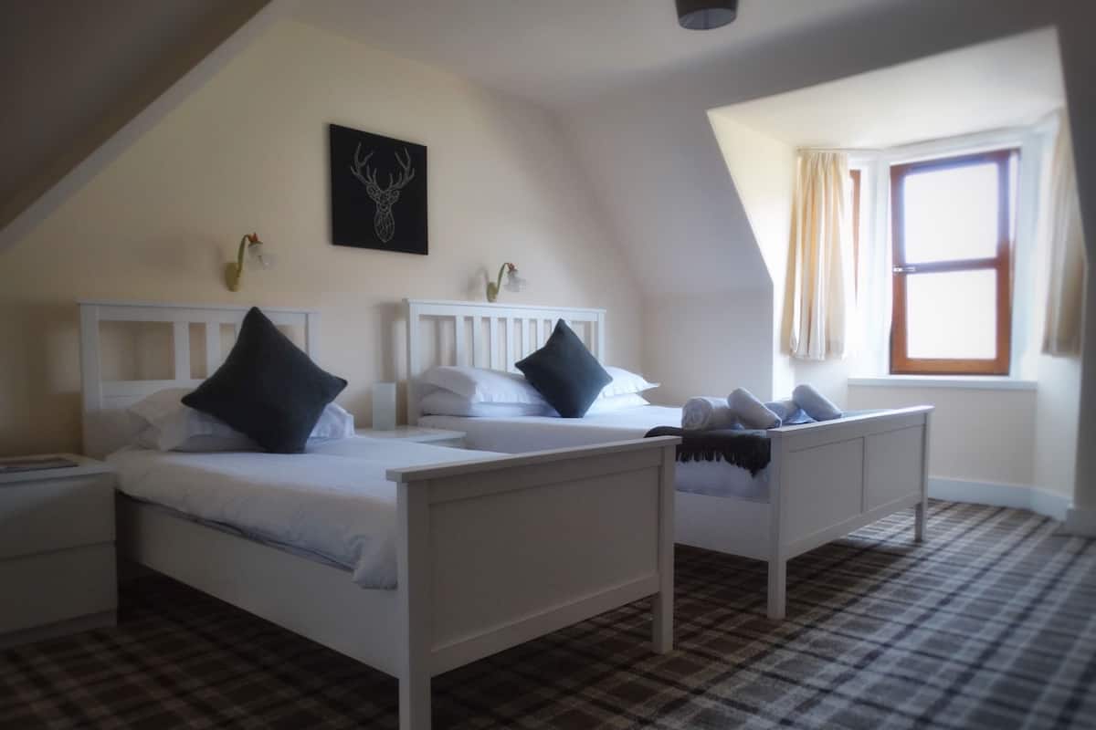 A bedroom with two beds, a plaid carpet, and a window with curtains.