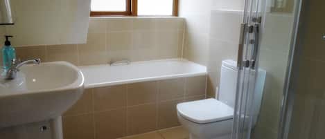 A bathroom with a sink, bathtub, toilet, and a glass shower enclosure.
