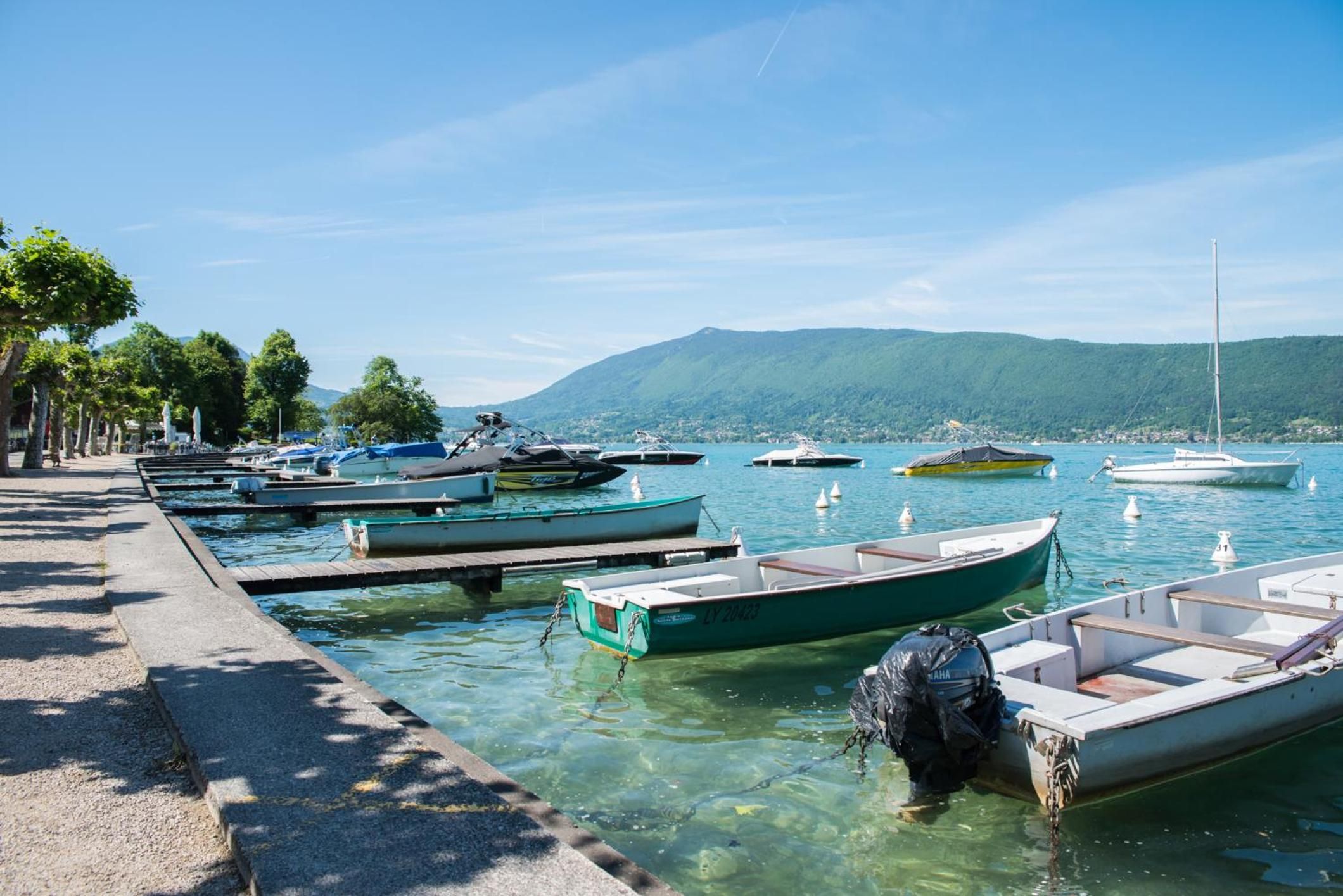 Ein Yachthafen mit mehreren Booten, ein klarer Himmel und ein Berg im Hintergrund.