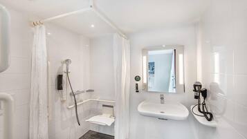 Shower, free toiletries, hair dryer, towels