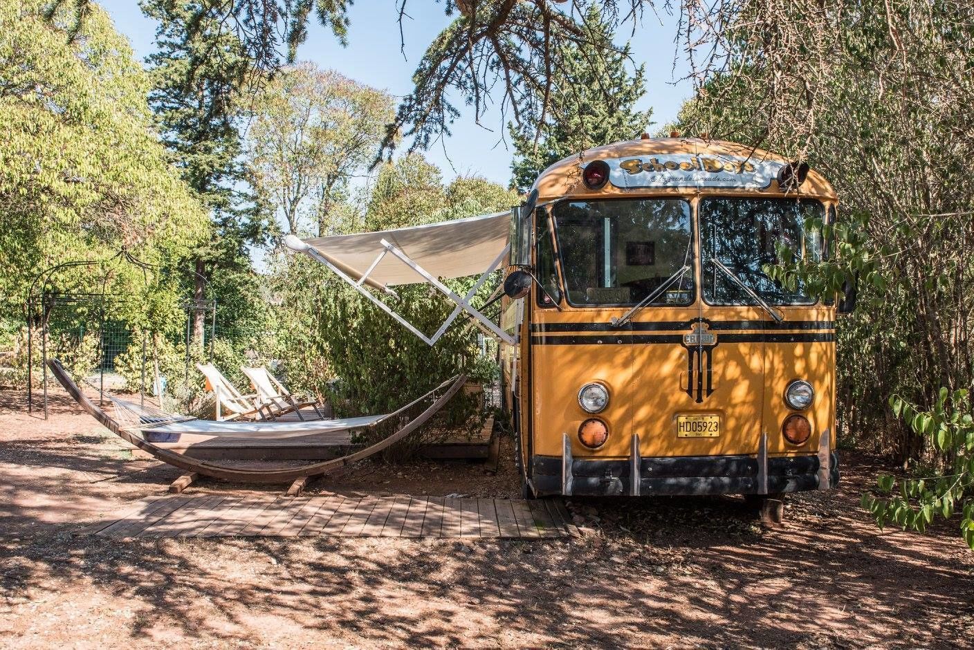 A vintage yellow bus parked in a wooded area with a hammock and a small table nearby.