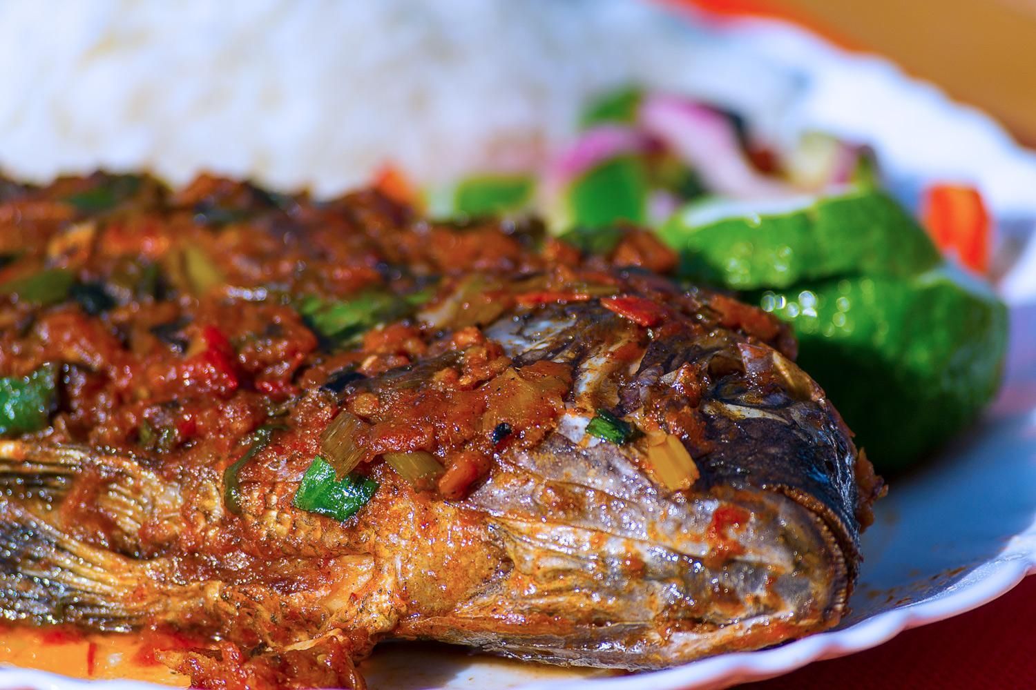 Ein gegrillter Fisch mit Tomatensauce, dazu Reis und grünes Gemüse.