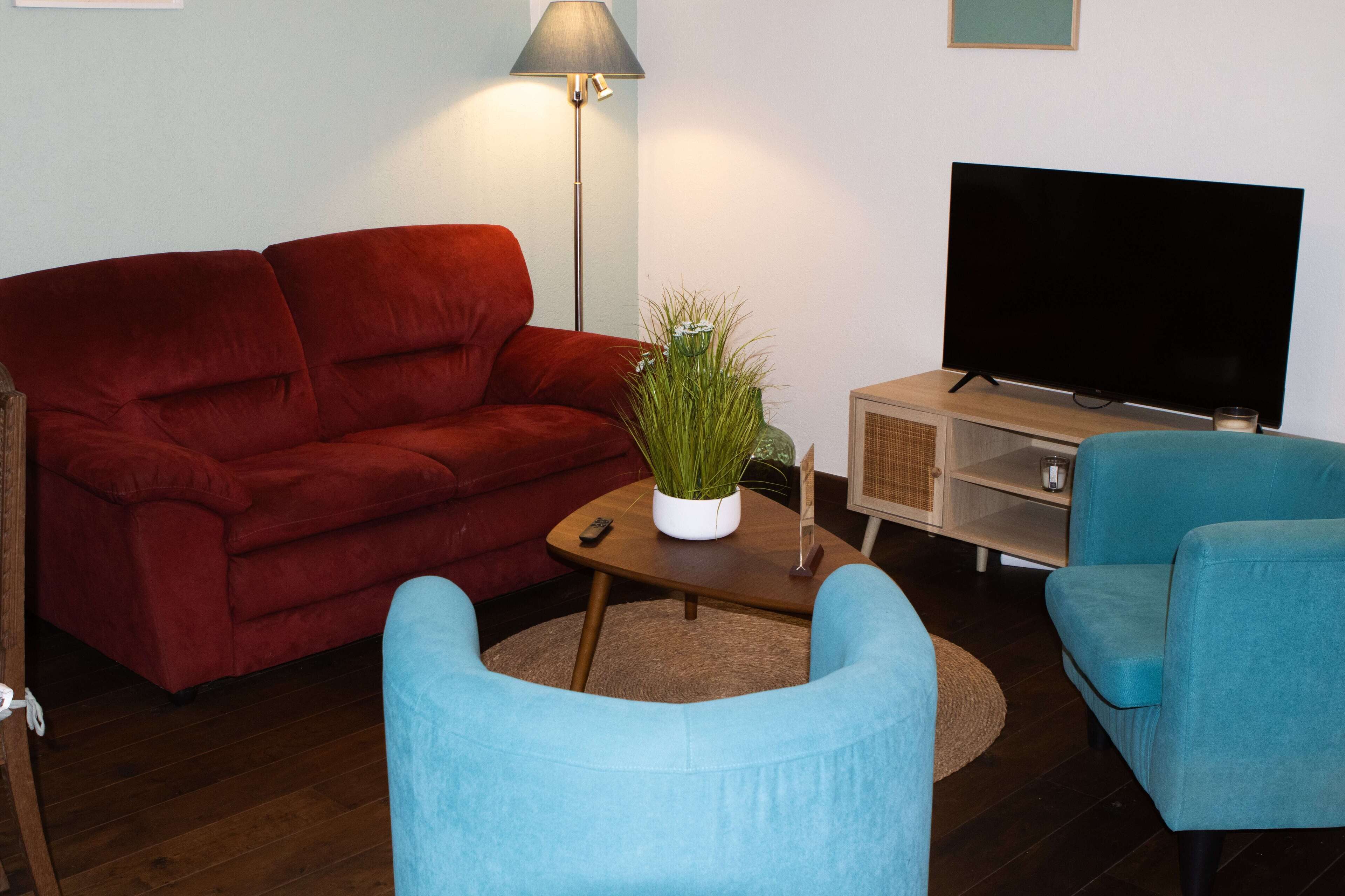 A living room with a red sofa, a blue armchair, a coffee table with a plant, a TV on a wooden stand, and a floor lamp.