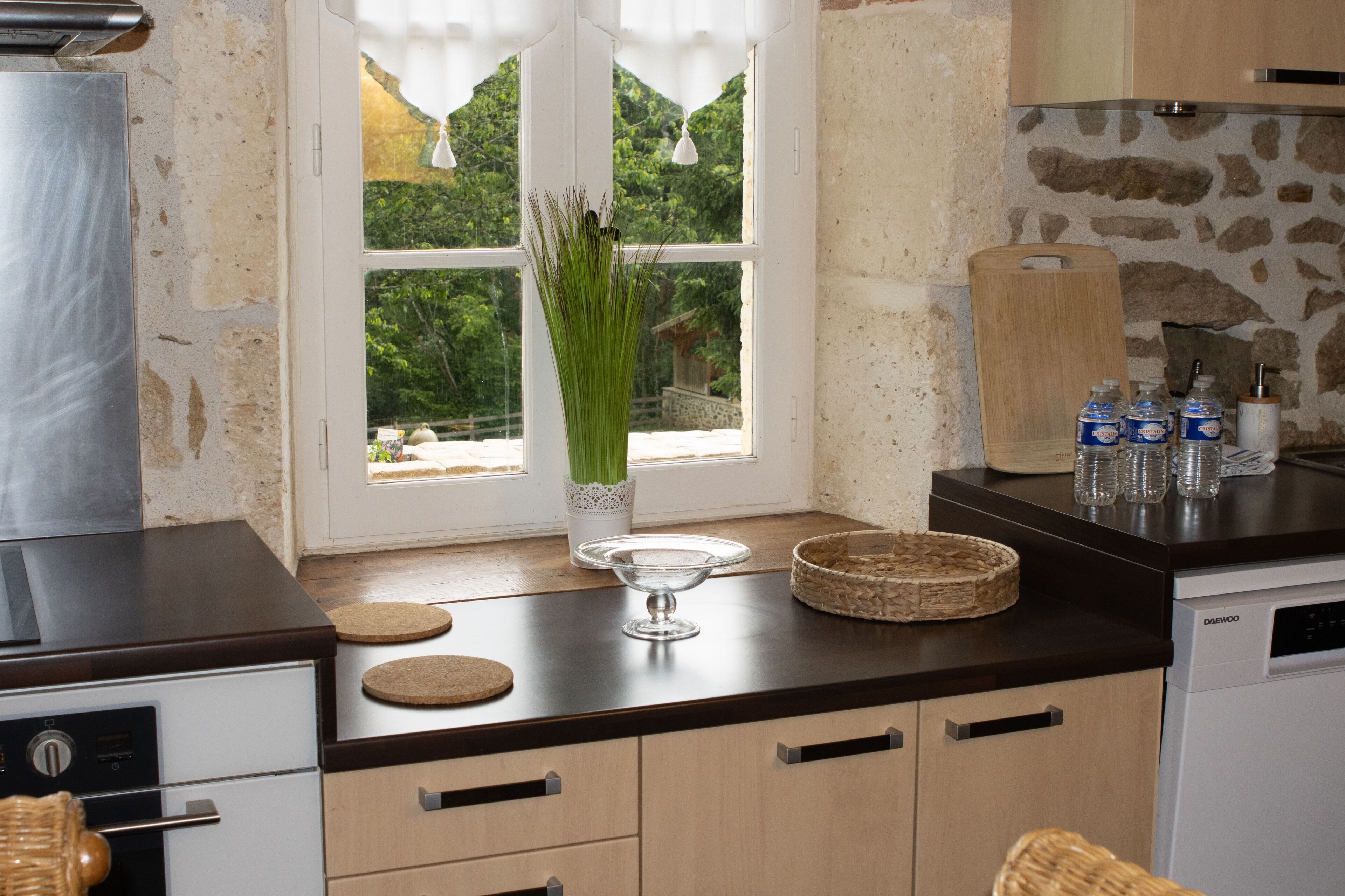 A kitchen with a stove, a window with a view of greenery, a vase with greenery, and a dish rack.