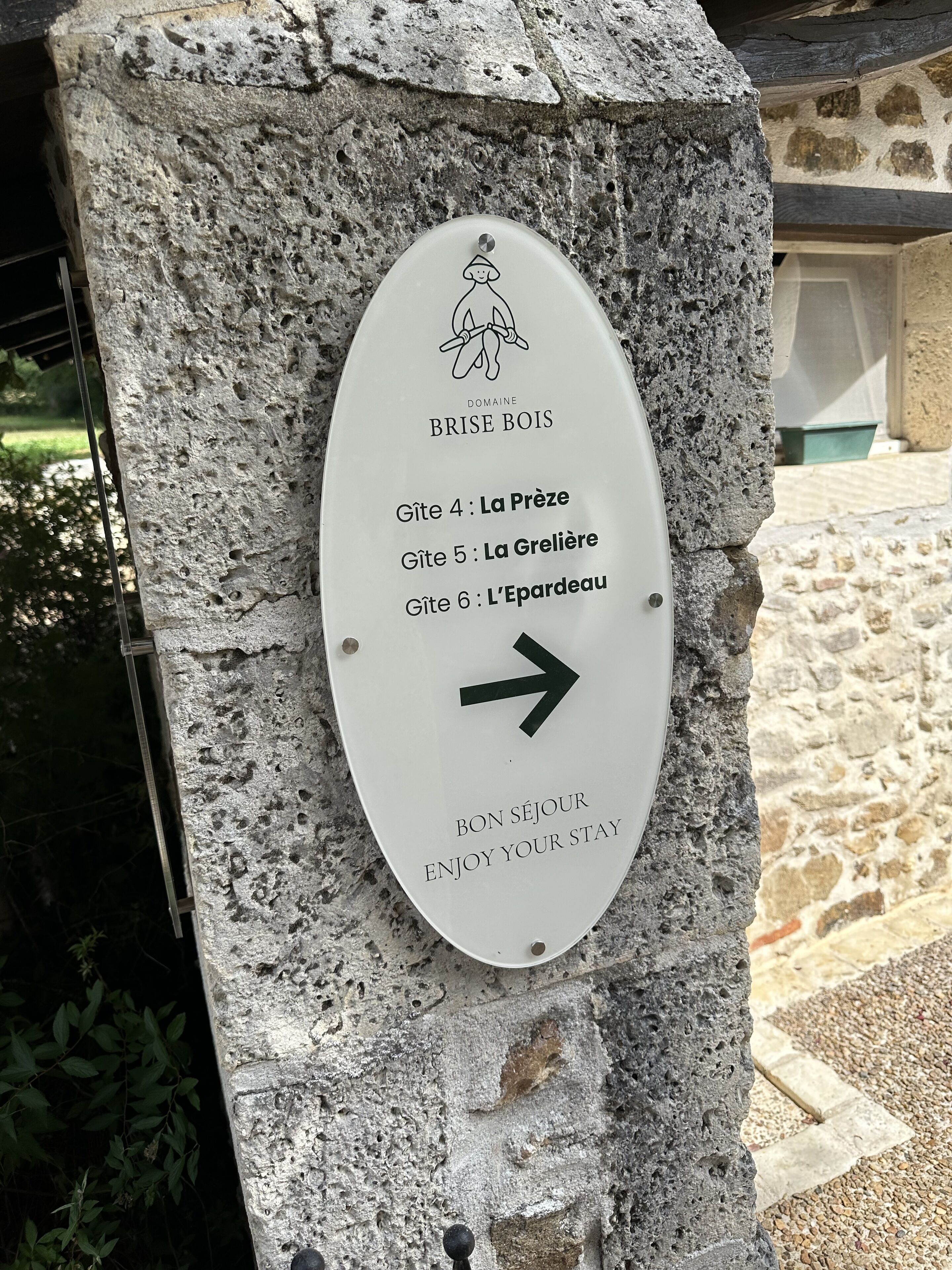 A sign with directions to different rooms at Domaine Brise Bois, including Gîte 4: La Prêze, Gîte 5: La Grelière, and Gîte 6: L'Epardeau.