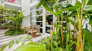 A modern outdoor area with a wooden bench, lush green plants, and a glass door leading to a balcony. - The Fairwind Hotel (Miami Beach)