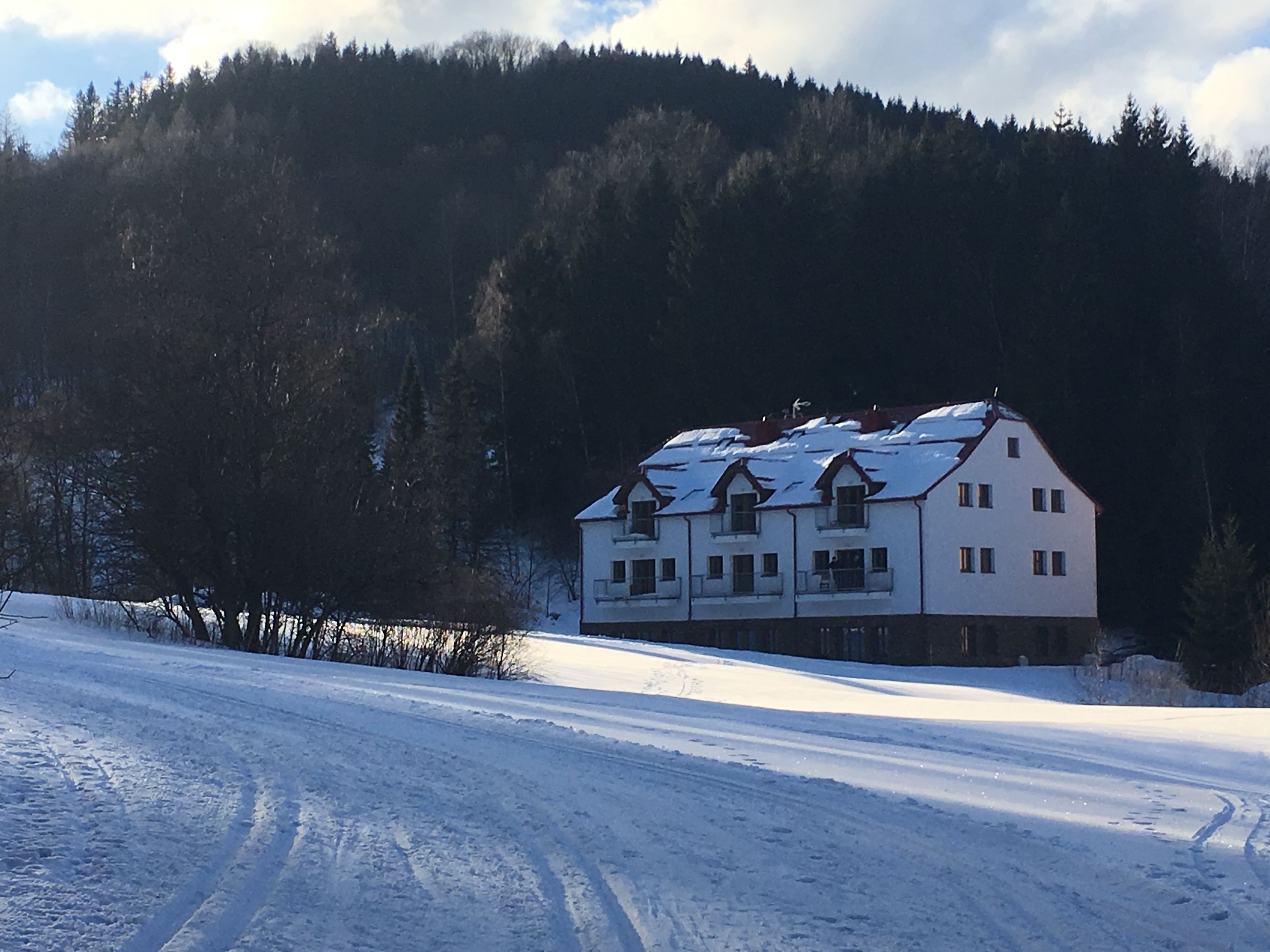 A large, multi-story building with a symmetrical facade, surrounded by a snowy landscape and a forested hill.