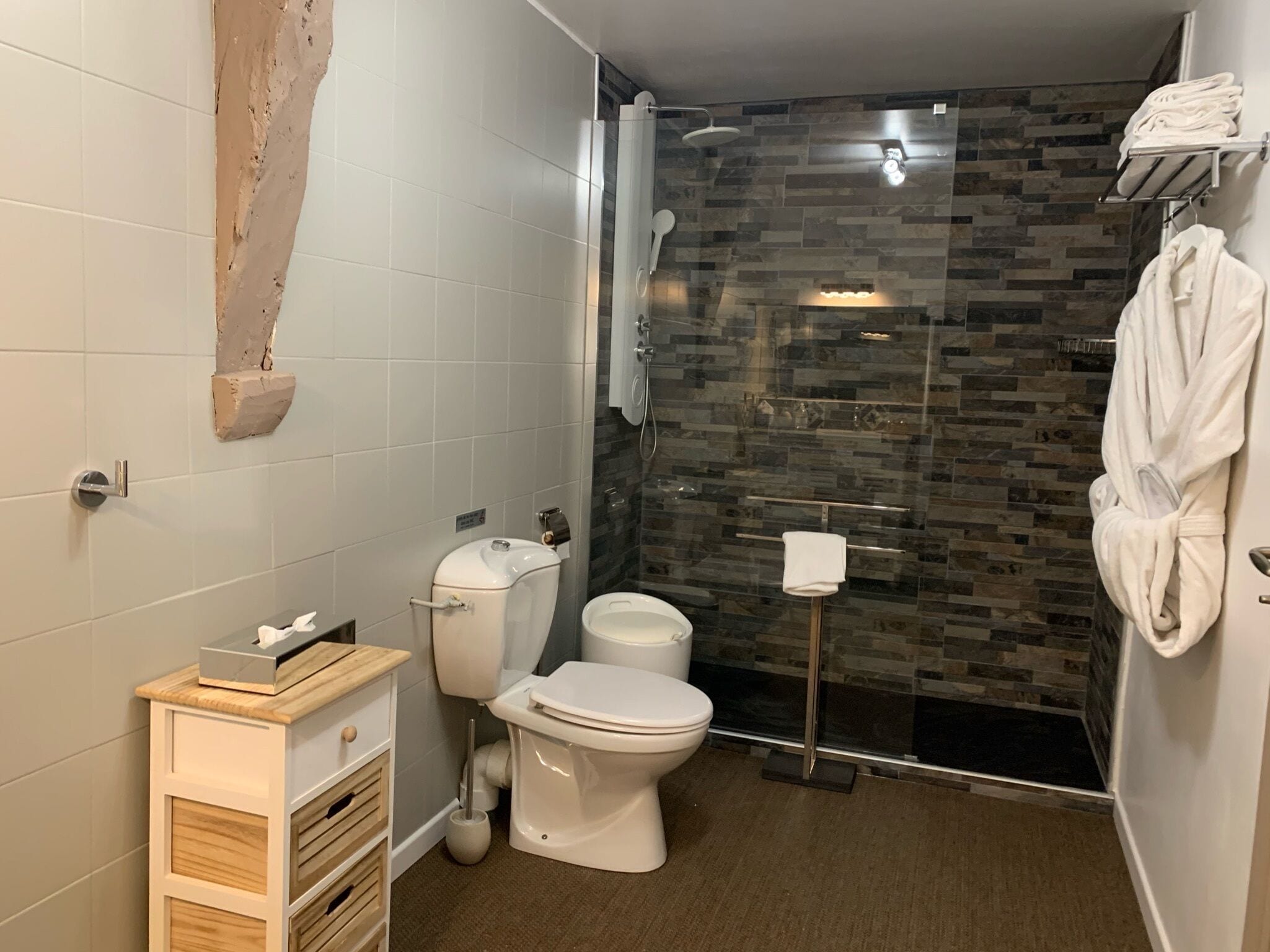 Un baño moderno con ducha, inodoro y tocador.