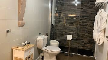 A modern bathroom with a shower, toilet, and vanity.