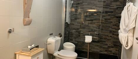 A modern bathroom with a shower, toilet, and vanity.