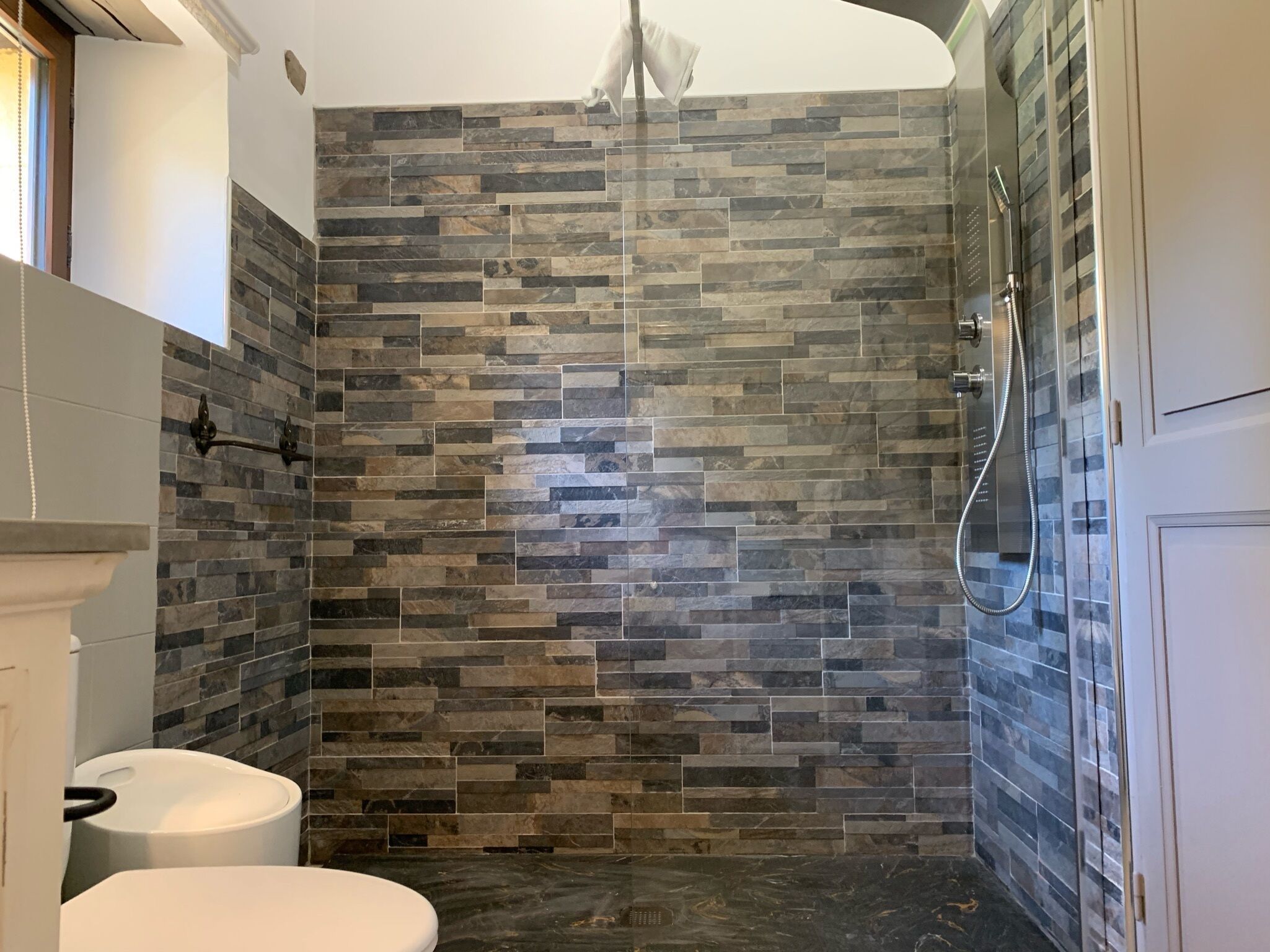 Ein Badezimmer mit Duschwand aus Glas, einer Toilette und einer Duschwand mit Steinfliesen.