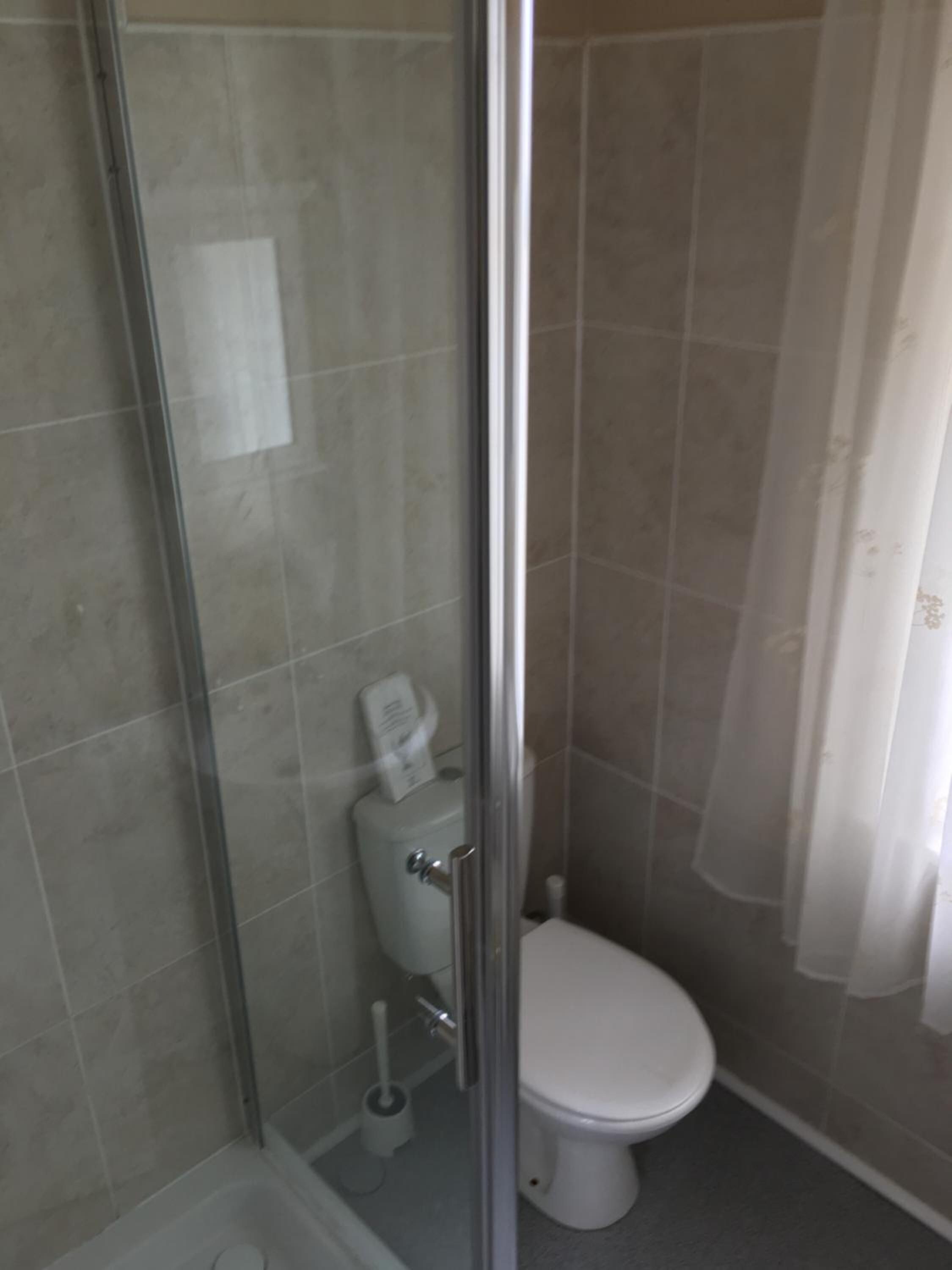 A bathroom with a glass shower enclosure, a toilet, and a bidet.