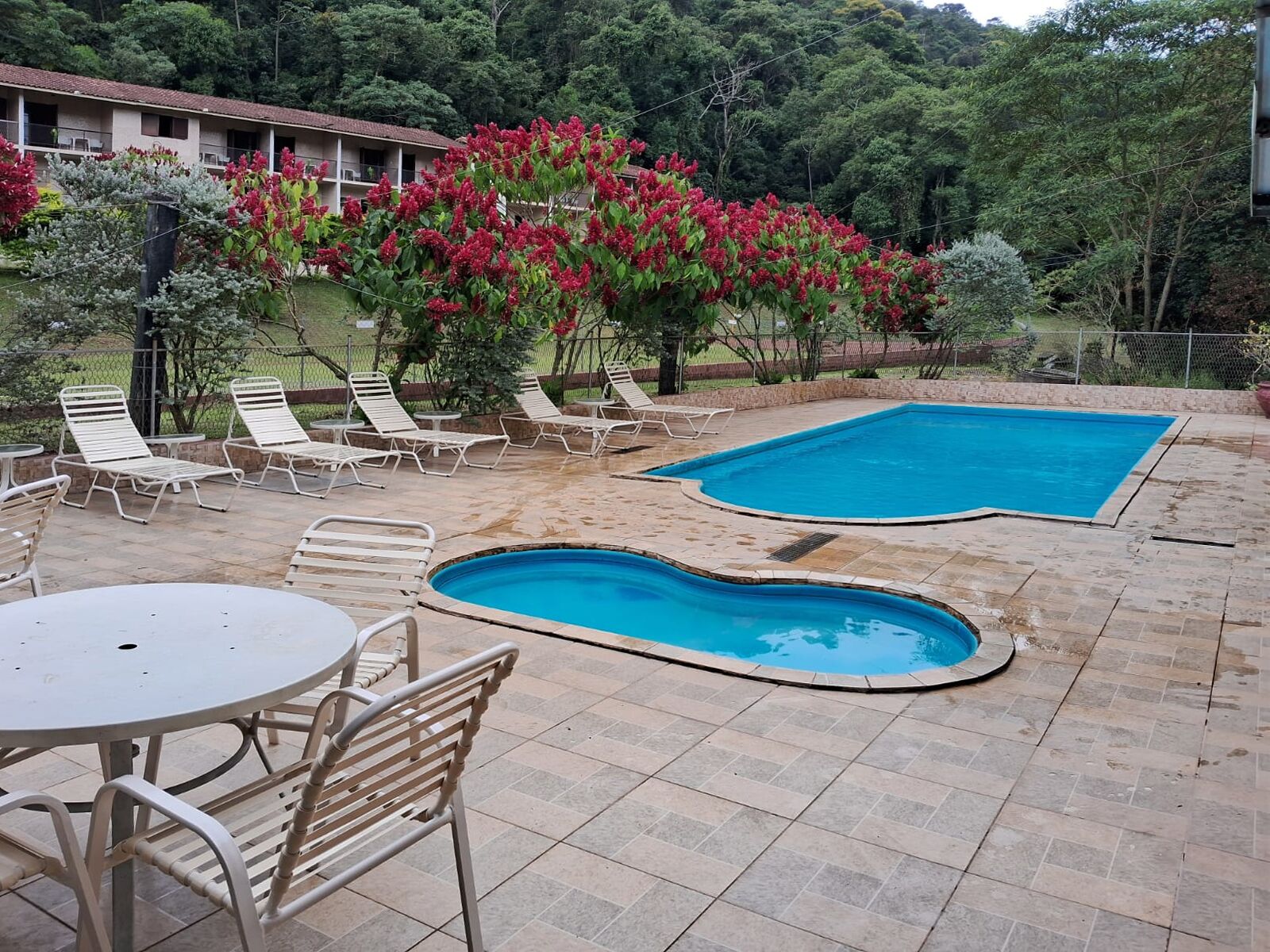 A swimming pool with two adjacent sections, surrounded by lounge chairs and a table.