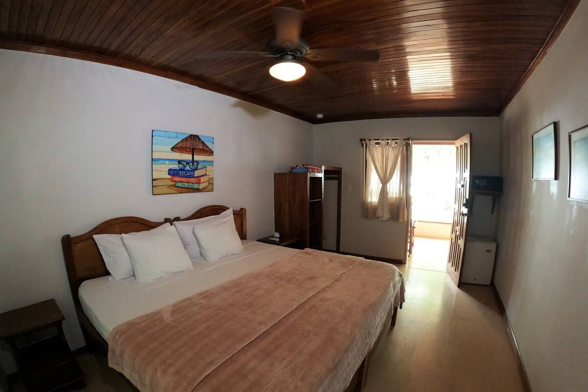 A bedroom with a bed, a ceiling fan, a painting, a wardrobe, and a door leading to another room.