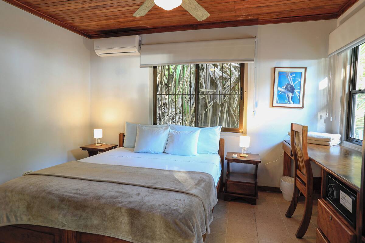 A bedroom with a bed, bedside tables, a desk, a chair, a window with a view of bamboo, and an air conditioning unit.