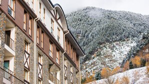 Un immeuble à plusieurs étages, doté d’une façade en pierre et de détails en bois, se dressant sur fond de montagnes enneigées.