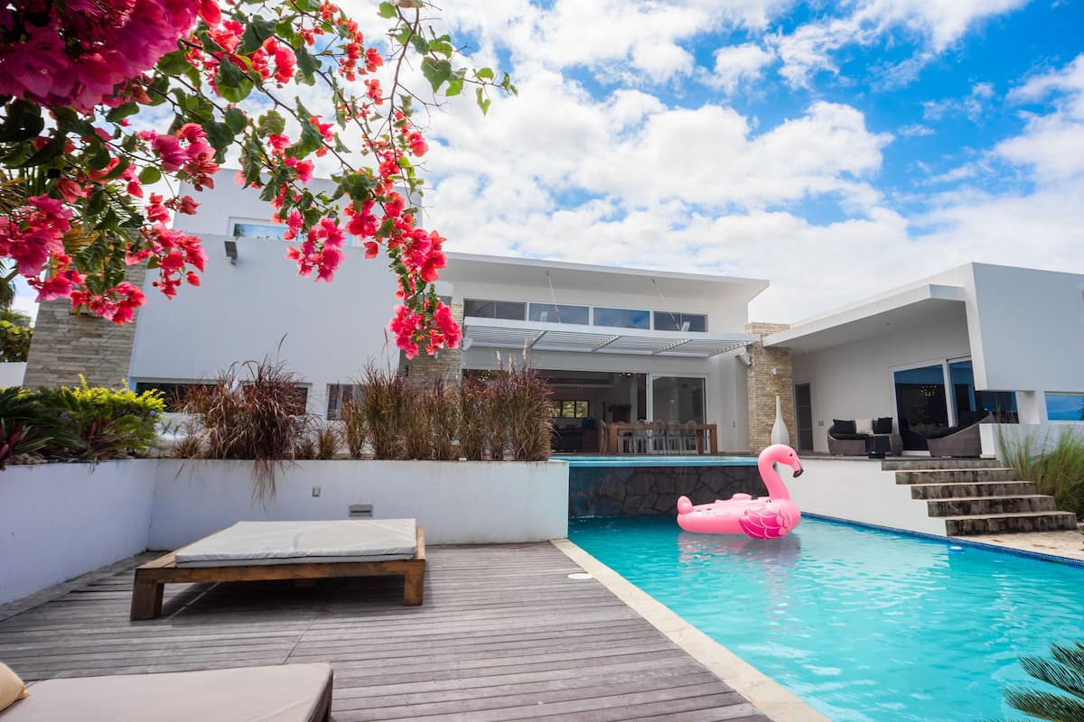 Une maison moderne avec une piscine, un flotteur en forme de flamant rose et une terrasse en bois.