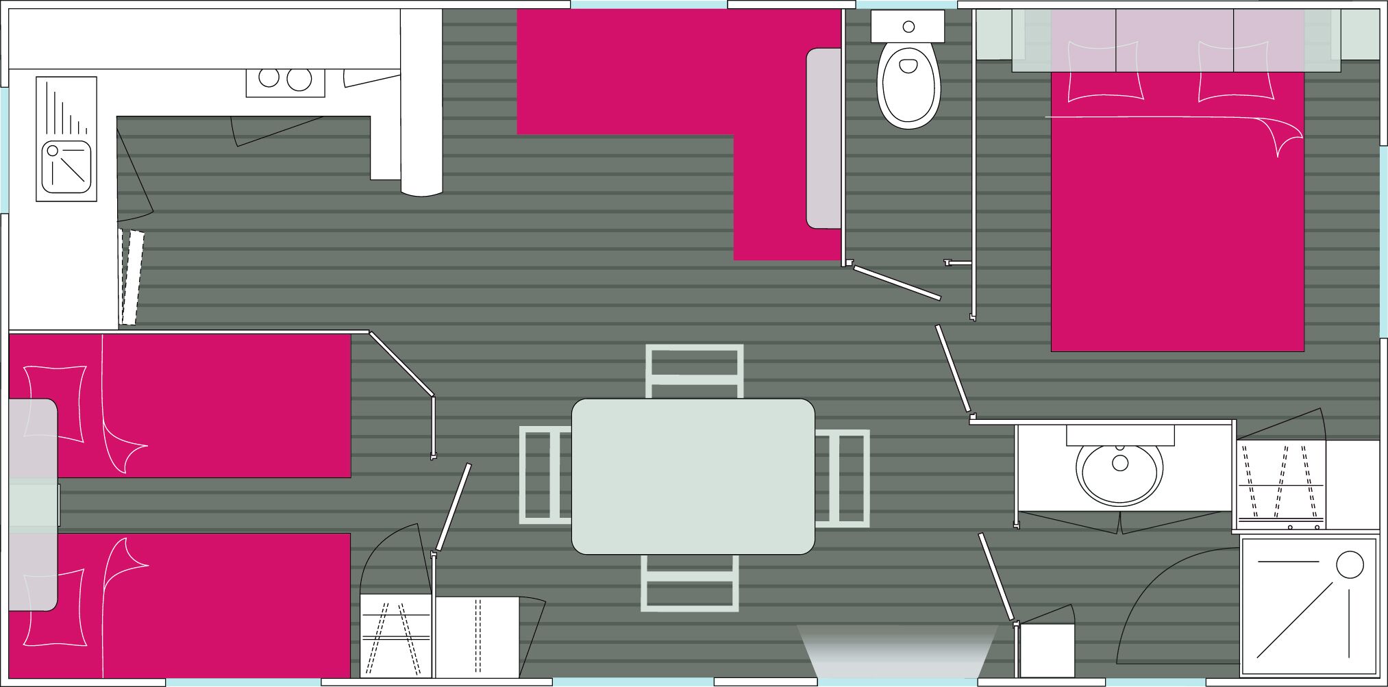 A floor plan of a hotel with a central dining area, a kitchen, a bathroom, and a living area.