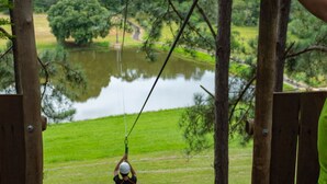 Une personne sur une tyrolienne au-dessus d’une étendue d’eau, avec une zone herbeuse et des arbres en arrière-plan.
